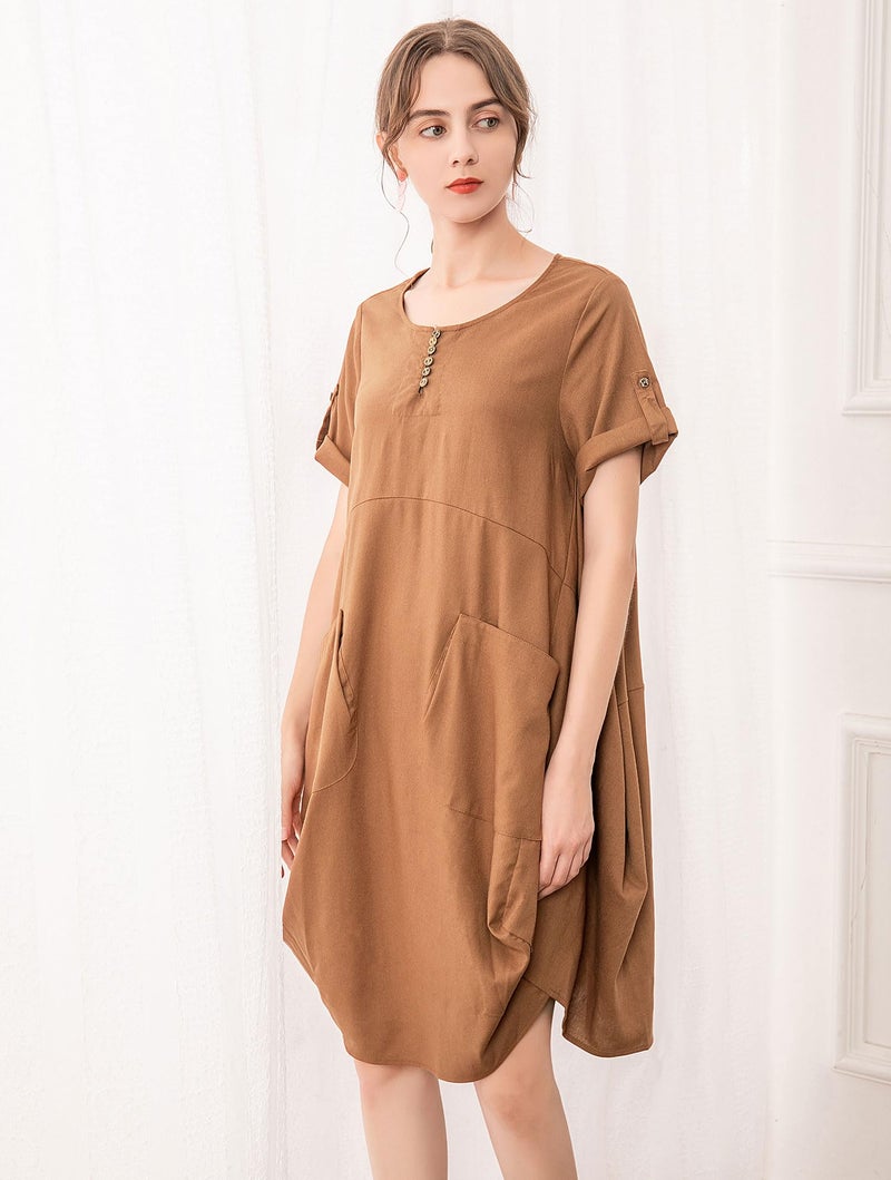 Minibee Women's Ruffle Oversize Casual Midi Dresses with Pockets Brown M - Image 4